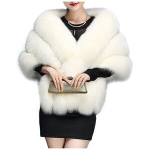 Women's Luxury Party Faux Fox Fur Long Shawl , A-white